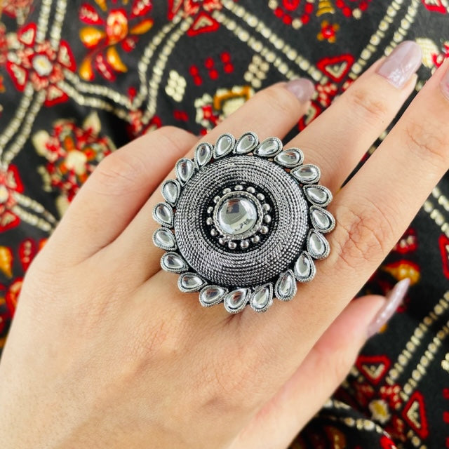 Tribal Collection Oxidized Silver and Mirror Ring for Women & Girls | K M  HandiCrafts India